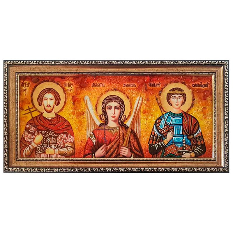 Икона из янтаря Ангел Хранитель, Григорий Победоносец и Артур