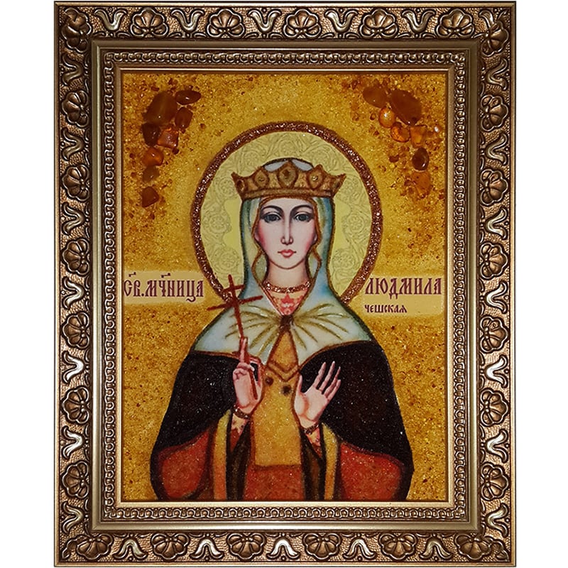 Икона именная из янтаря handmade Св. Людмила Чешская