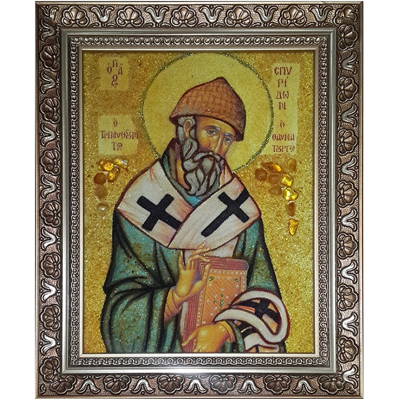 Авторская именная икона в янтаре Св. Спиридон Тримифунтский