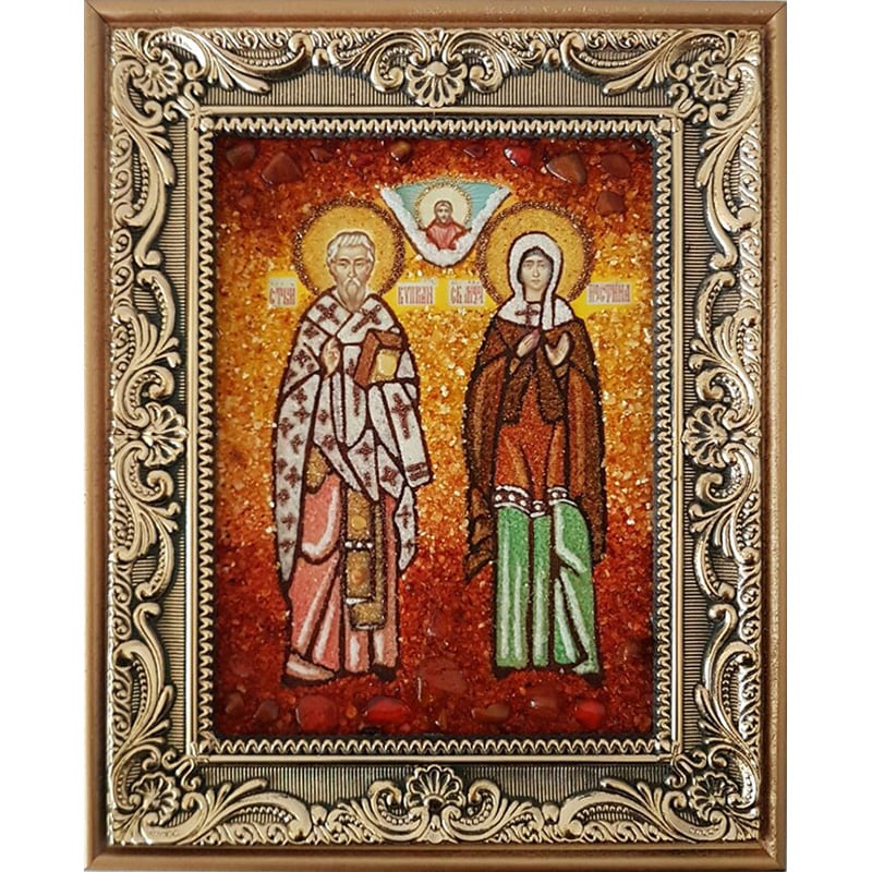Икона handmade именная из янтаря Св. Киприан и Иустина