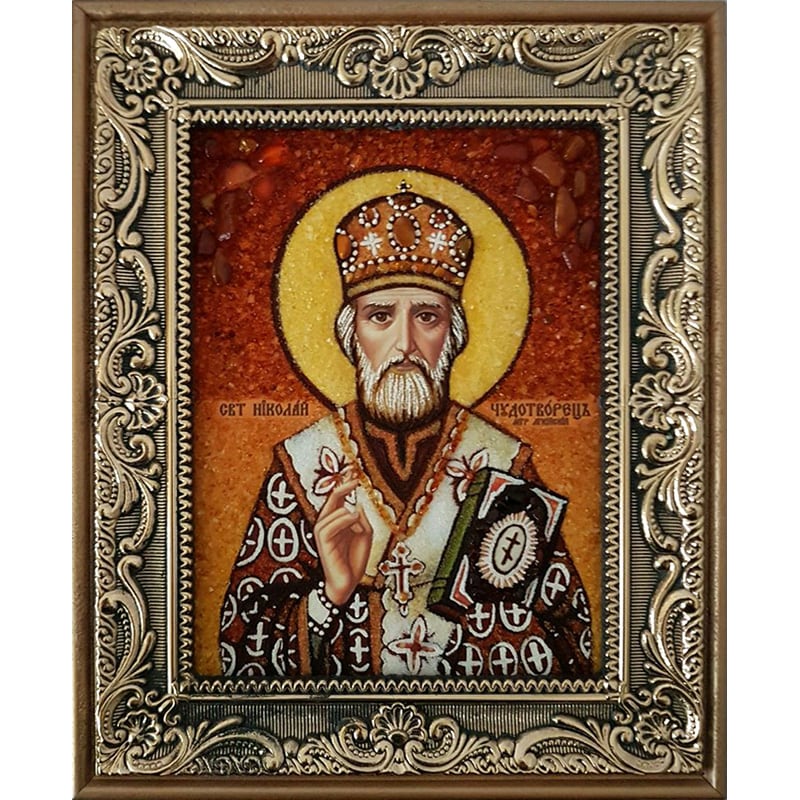 Икона handmade из янтаря Святой Николай
